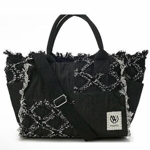 NWT Wildfox Black Frayed Denim Tote with Contrasting Stitch Detail